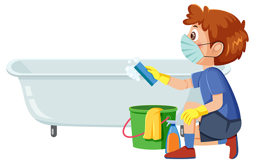 A boy cleaning bathtub illustration