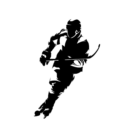 Hockey player, isolated vector silhouette, front view. Winter team sport athlete