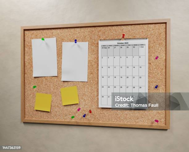 October 2023 Calendar On A Cork Board Stock Photo - Download Image Now - Calendar, October, 2023
