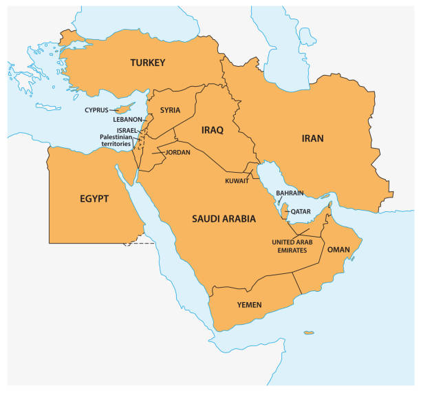 ilustraciones, imágenes clip art, dibujos animados e iconos de stock de mapa vectorial de la región geopolítica oriente medio - middle east