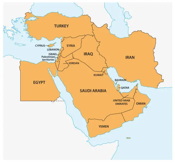Vector illustration of vector map of geopolitical region middle east