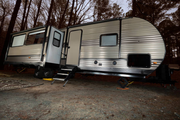 istock Travel trailer in a dark forest 1447365819