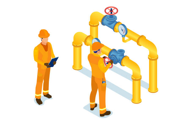 изометрический вектор обслуживающего персонала газовой промышленности, открывающего или закрывающего трубопроводную арматуру. - oil industry illustrations stock illustrations
