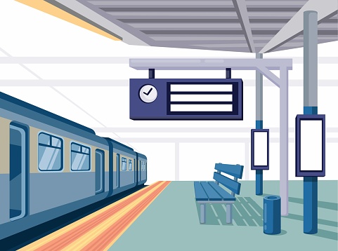 Train station with billboard and banner light box scene illustration template editable vector