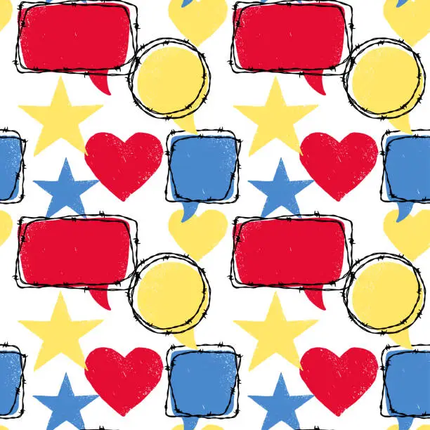 Vector illustration of Textured seamless pattern with stars, hearts and speech bubbles. Vector illustration in sketch style