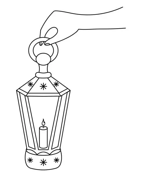Vector illustration of Carry in your hand a Christmas lantern with a candle inside. Decoration on glass from snowflakes.