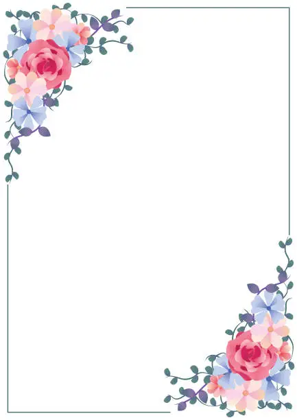 Vector illustration of Floral frame in vertical A4 format, with pastel-colored flowers in the corners representing spring
