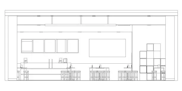 Vector illustration of The contour of the cafe room with tables and chairs from black lines isolated on a white background. Front view. Vector illustration.