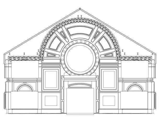 Vector illustration of The contour of the facade of the church from black lines isolated on a white background. Decorative facade of the building. Front view. Vector illustration.