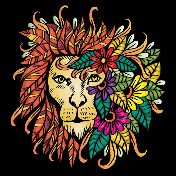 Vector illustration of Doodle Hand draw of lion head decorative with floral element