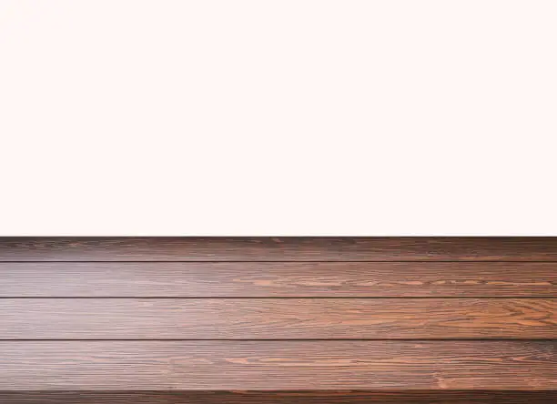 Isolated dark-brown wooden table on white background, perspective view. Empty space of the table for product display.