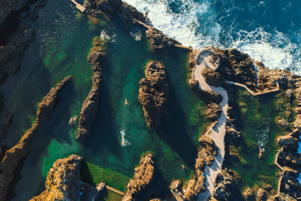 Aerial view of natural swimming pools in Porto Moniz Madeira Portugal stock photo