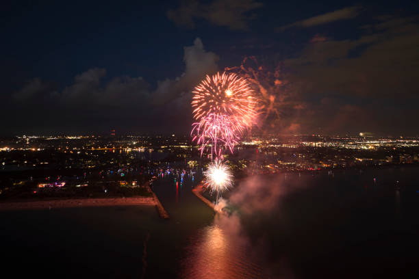 istock Aerial view of bright fireworks exploding with colorful lights over sea shore on US Independence day holiday 1447377041
