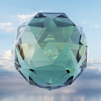 Large polyhedrical crystal floats in the sky. 3D digital render