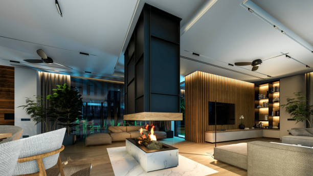 istock 3d rendering of modern cozy interior with living, dining zone, stair and kitchen in night 1447377712