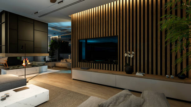 istock 3d rendering of modern cozy interior with living, dining zone, stair and kitchen in night 1447377725