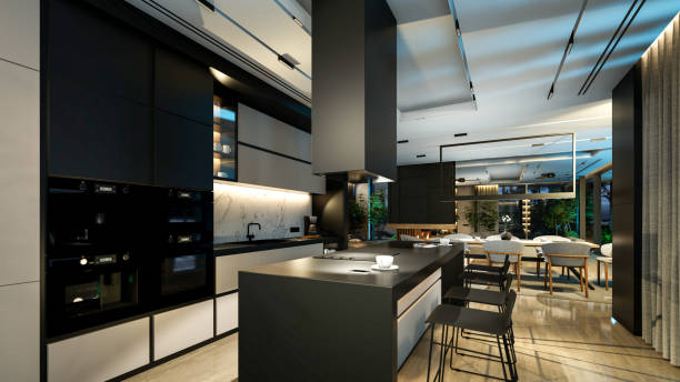 istock 3d rendering of modern cozy interior with living, dining zone, stair and kitchen in night 1447377882