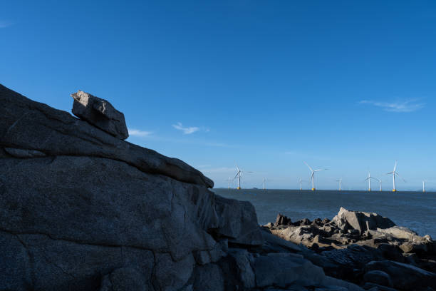istock Wind power stations on the sea in clear weather 1447379440