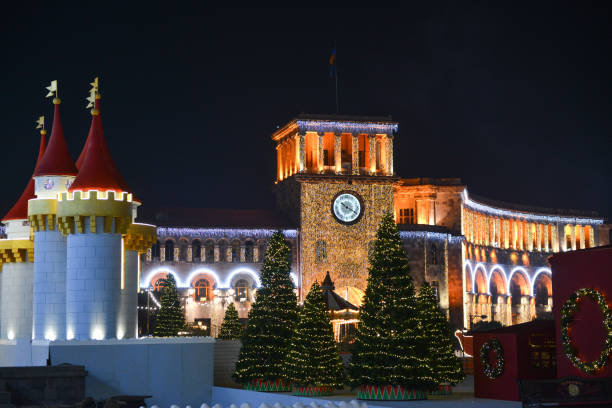 Republic Square of Yerevan and Christmas tree. Armenia. stock photo