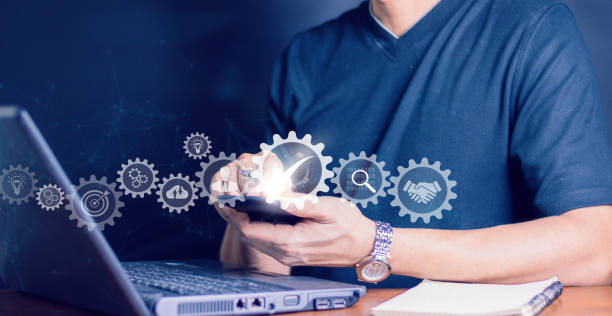 istock Digital transformation, BPM and RPA to increase efficiency and productivity at work.Business process management and automation with person validating document in workflow. 1447386048