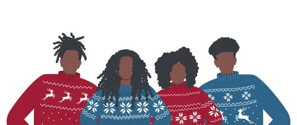 Vector illustration of Black people in red and blue Christmas sweaters