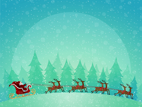 A vector illustration of Santa Claus riding his sleigh in wintery background