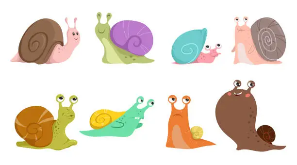 Vector illustration of Cute snails set. Different types and emotions, funny snail characters collection. Vector Illustrations isolated on white background.