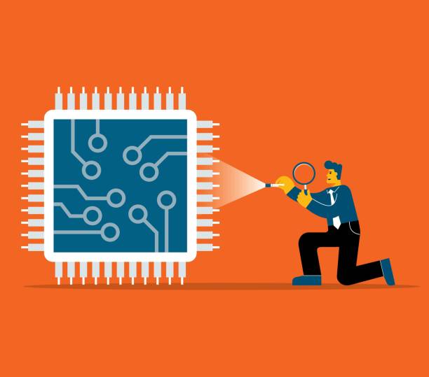 Magnifying Glass - microchip Business people buying computer processor money shortage stock illustrations