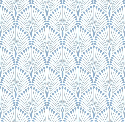 Art Deco shell pattern. Light blue and white ornamental background. Interior decor design.