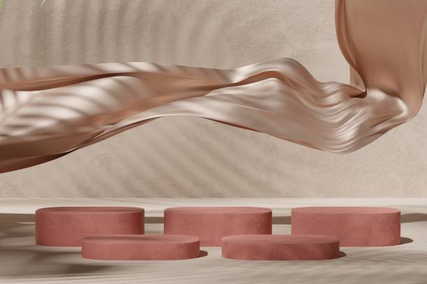 istock Abstract geometric composition for product display with levitating silk, podium and abstract background. 1447393120