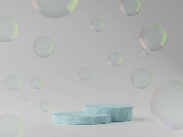 istock Abstract geometric composition for product display with levitating bubble, podium and abstract background. 1447393176