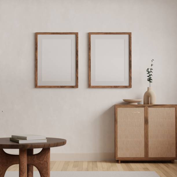 istock Vertical wood frame mockup in living room interior with light reflection. 3d rendering, 3d illustration 1447393681