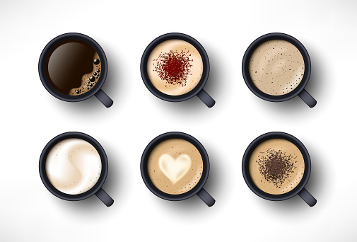 Cups of coffee assortment set. Black coffee, cappuccino, latte, espresso, macchiatto, mocha, cocoa top view. Easy to edit realistic vector collection. 3d model americano in black cup isolated on white