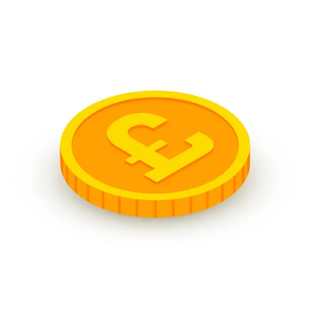 Vector illustration of Isometric gold coin icon with pound sign. Vector 3d pound sterling cash, currency of United Kingdom, Game coin, English banking money symbol for web, apps. British pound currency icon