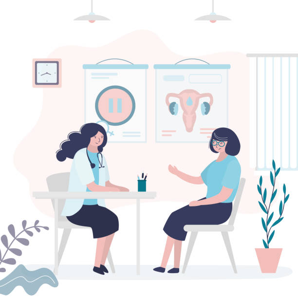 bildbanksillustrationer, clip art samt tecknat material och ikoner med woman at a medical appointment with gynecologist. female patient discusses reproductive problems and menopause with the doctor. health care, medical office interior. - äggledare illustrationer