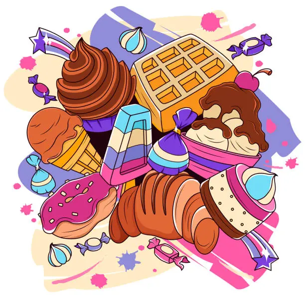 Vector illustration of Sweets. Doodle illustrations of various types of sweets.