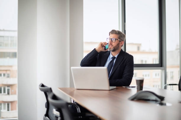 istock Executive middle aged businessman having a call and using laptop while working at the office 1447399796