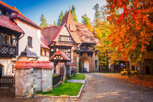Sinaia, Romania. Typical architecture with german half-timebered influence in the city from Carpathian Mountains.