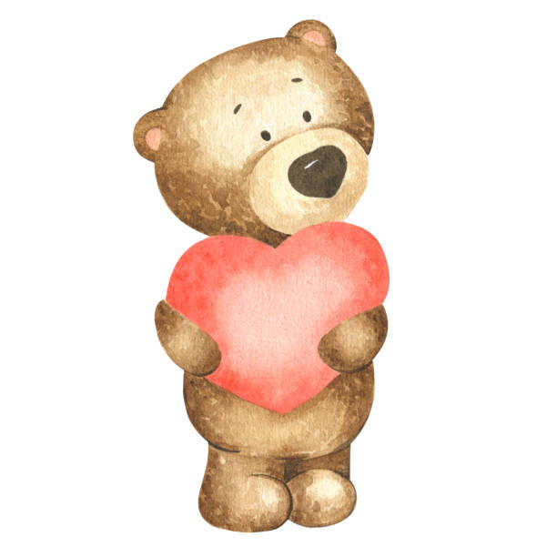 istock Cute little brown bear holding a red heart. Watercolor illustration isolated on white background. can be used for kid posters, cards or baby shower 1447400862