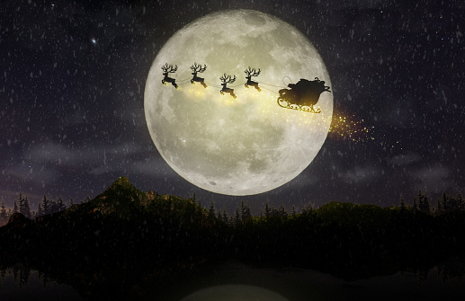 Santa Claus rides on their reindeer cart.
Fly over the forest through the big moon.