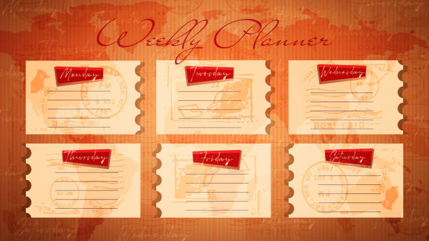 istock Weekly, diary, planning concept in retro style. Weekly notes in the form of postage stamps on an old cardboard background. 1447401682