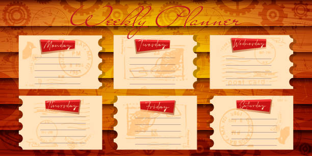 istock Weekly, diary, planning concept in retro style. Weekly to-do notes in the form of postage stamps on an old wooden background. 1447401703