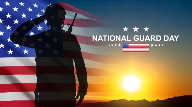 ilustrações de stock, clip art, desenhos animados e ícones de silhouette of saluting soldier with usa flag on a background the sunset or the sunrise. greeting card for national guard day - december 13 - navy officer armed forces saluting