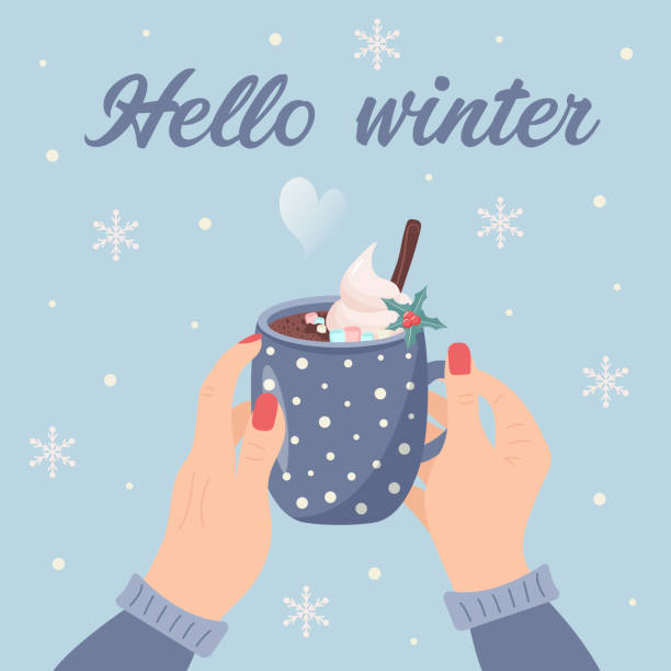 ilustraciones, imágenes clip art, dibujos animados e iconos de stock de manos femeninas sosteniendo taza de café con crema batida, malvavisco, canela, acebo y vapor de corazón. copos de nieve y hola letras de invierno. tarjeta de felicitación de invierno. - warm welcome