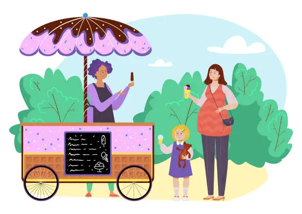 Vector illustration of Street food, summer ice cream shop, vector illustration, pregnant mother character buy sweet dessert in kiosk, child daughter hold icecream.