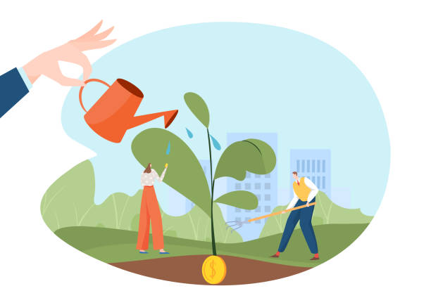 istock Business care concept, vector illustration, flat tiny people character gardening plants, huge hand watering flower with golden coin in roots. 1447405661