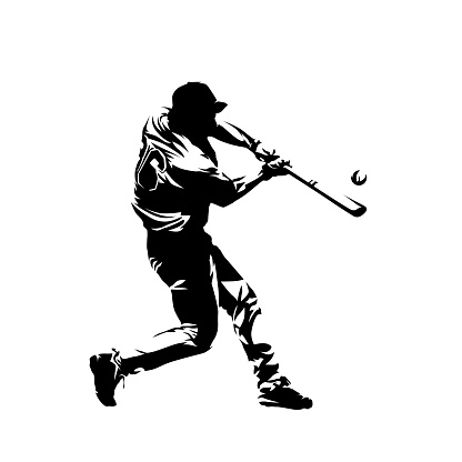 Baseball player hits the ball, batter. Isolated vector silhouette, pen drawing. Baseball logo