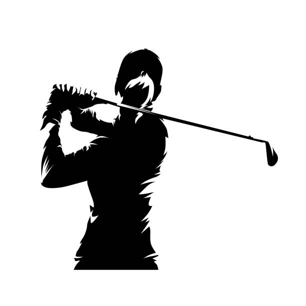 golf, weibliches golferlogo, isolierte vektorsilhouette, tuschezeichnung. golfschwung. junge aktive frau - golf golf course swinging isolated stock-grafiken, -clipart, -cartoons und -symbole