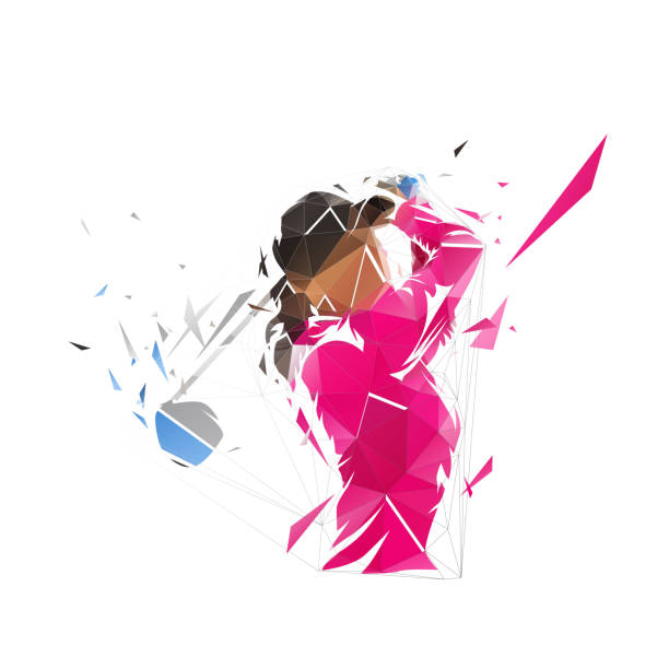 Golf, female golfer logo, isolated low polygonal vector illustration, geometric drawing from triangles. Golf swing. Young active woman vector art illustration