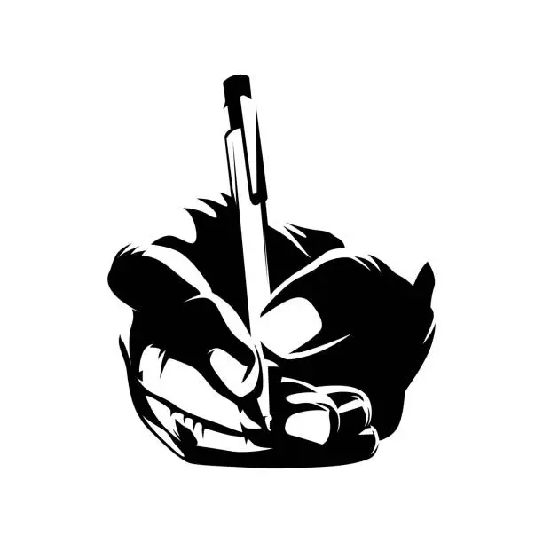 Vector illustration of Writing, pen in hand. Isolated vector silhouette, ink drawing. Close-up of a ball pen in fingers